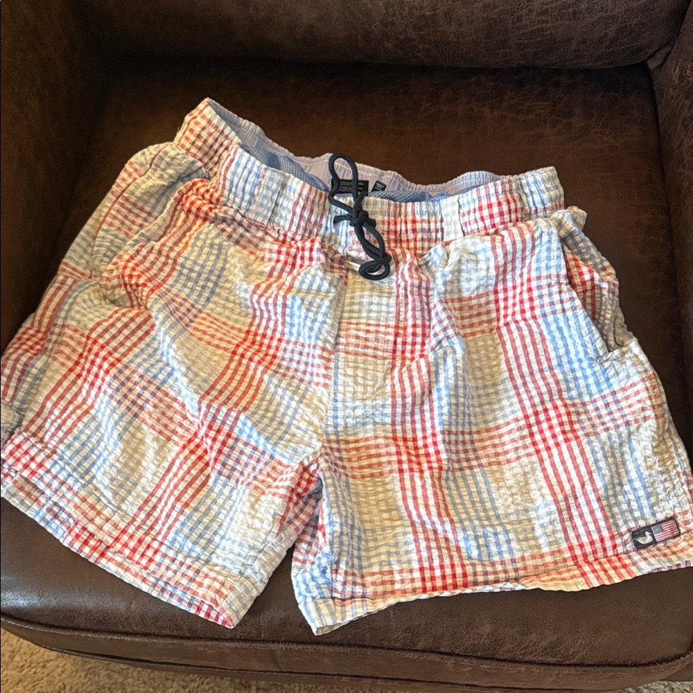 Southern Marsh Red and Blue Checkered Swim Trunks